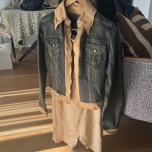 Stylish Denim Jacket with Tan Suede skirt